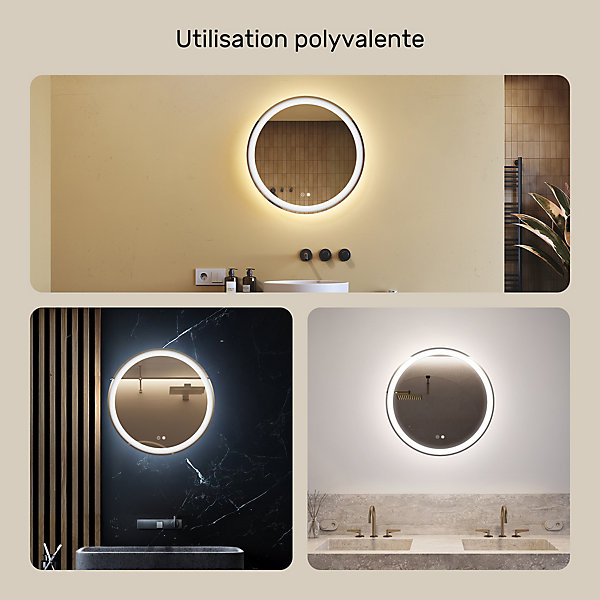 Miroir Rond Lumineux Salle de Bain LED 60 cm Eclairage Intégré avec Fonction Anti-buée , tricolore , tactile