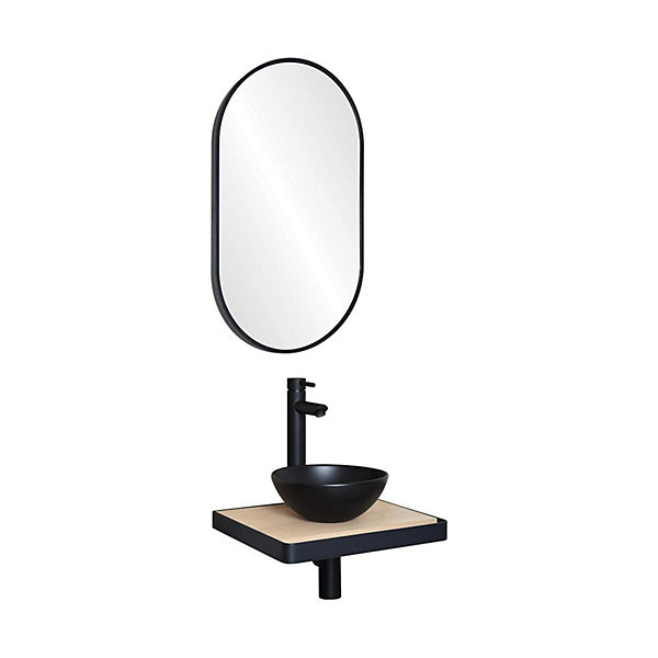 Meuble lave-mains SOHO plan fin p-serviette face vasque noire   miroir