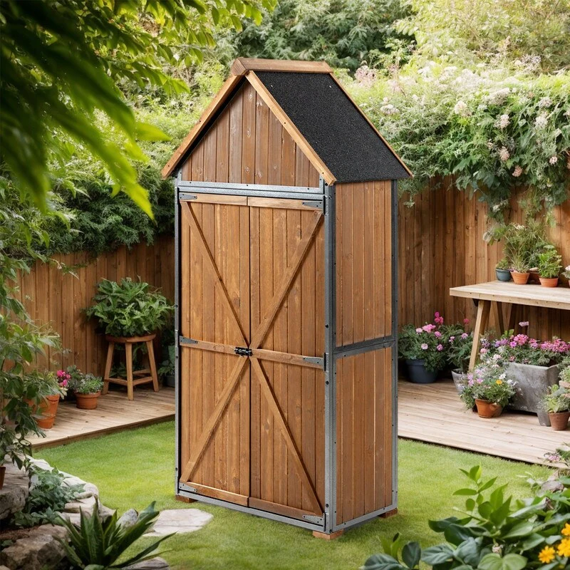 Outdoor Wood Storage Shed with Shelves, Metal Frame Outdoor Storage Cabinet with Waterproof, Horizontal Garden Tool Shed Storage