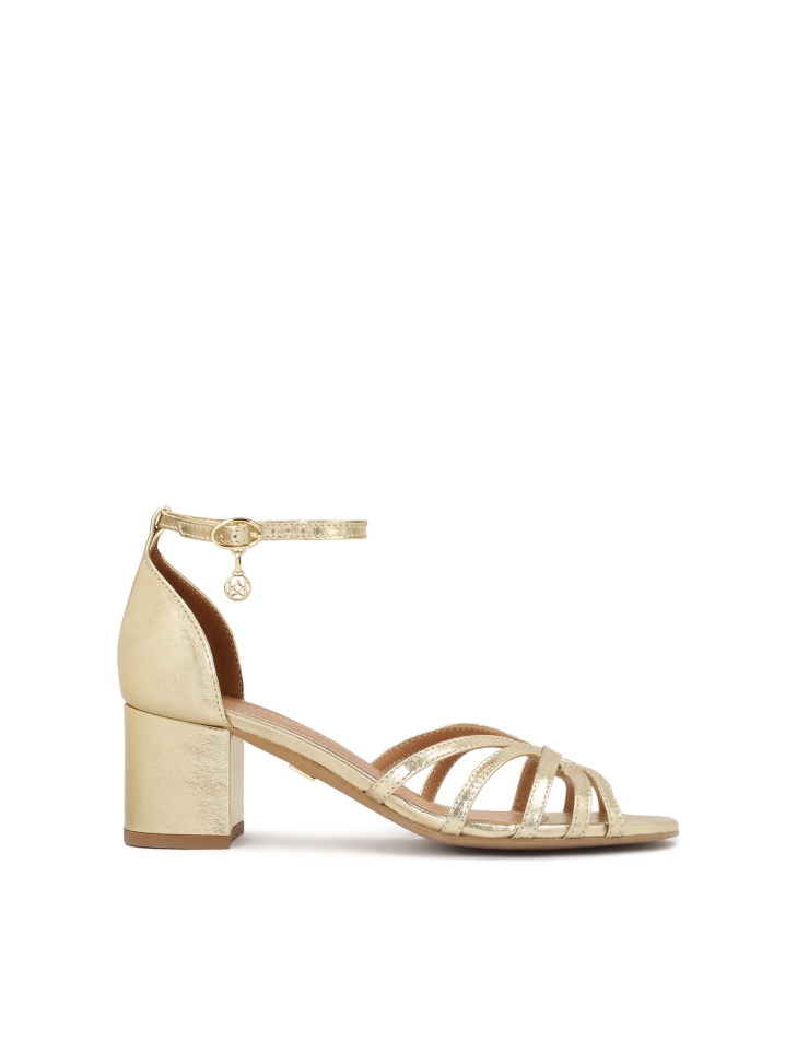 Gold sandals with low wide heel