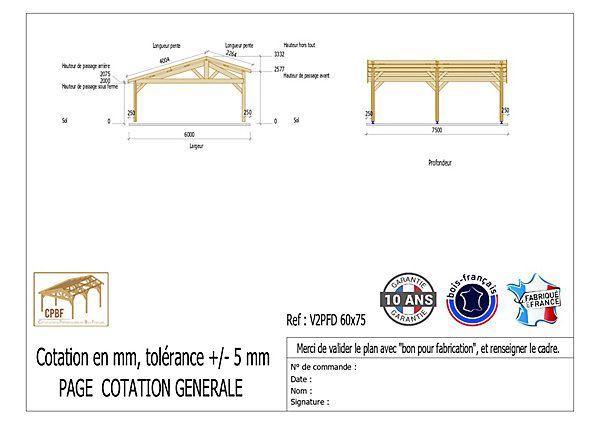 Carport 2 pentes faitage décalé, 600cmx750cm, bois DOUGLAS Français(Charpente en bois-auvent-abri voiture)45 m².Garantie 10 ans