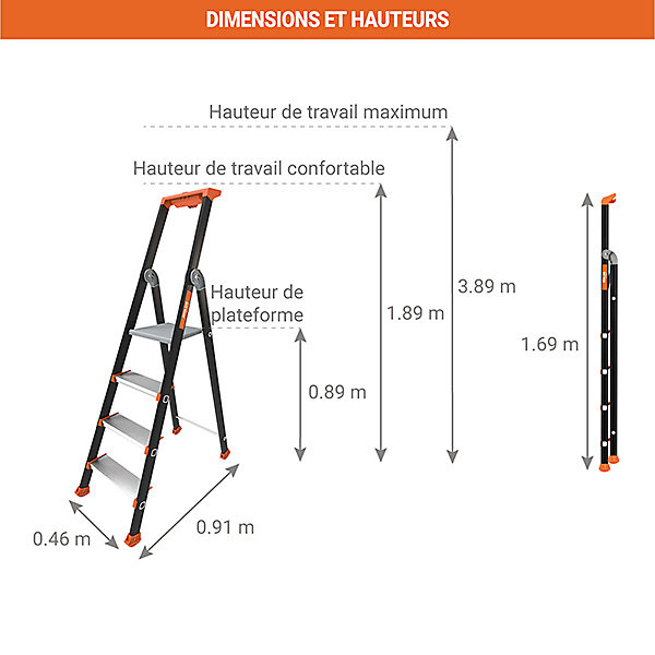 Escabeau pro 4 marches - Hauteur max. de travail 2.89m - 2375814