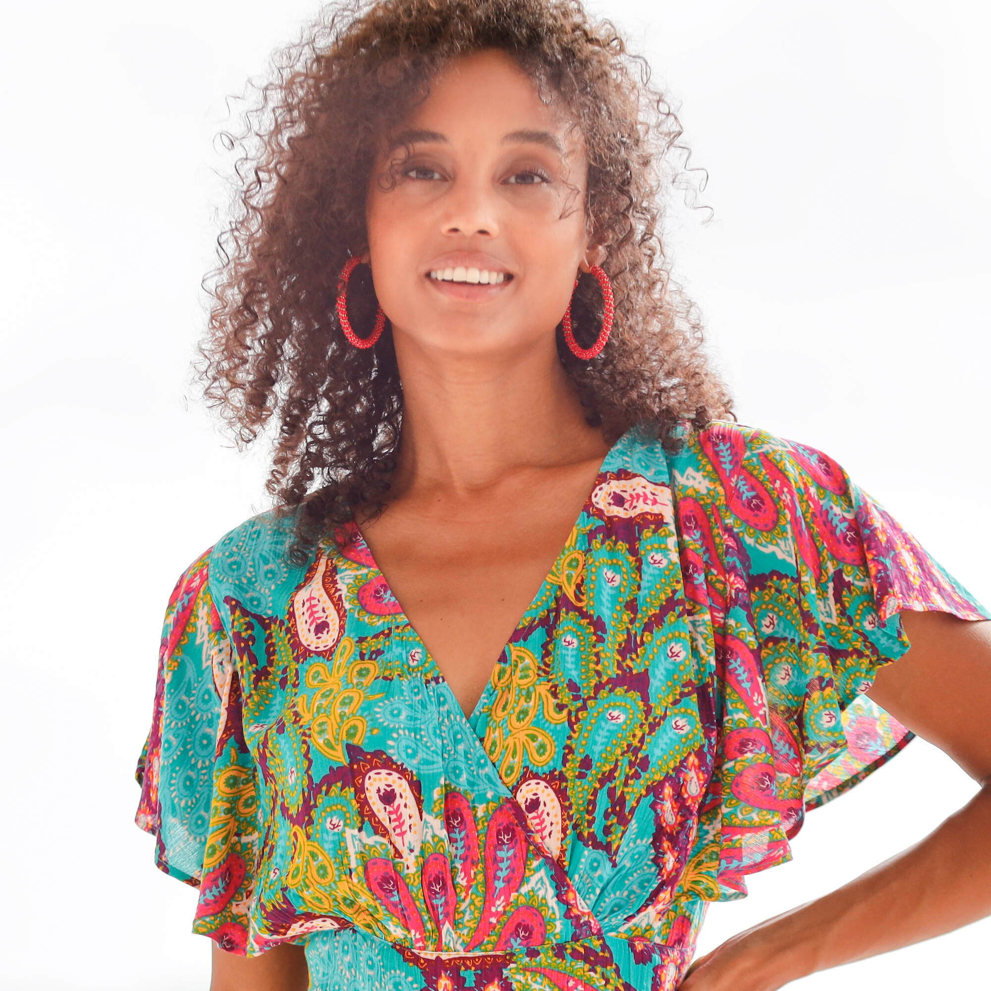 Robe volantée cache-coeur imprimée, crépon