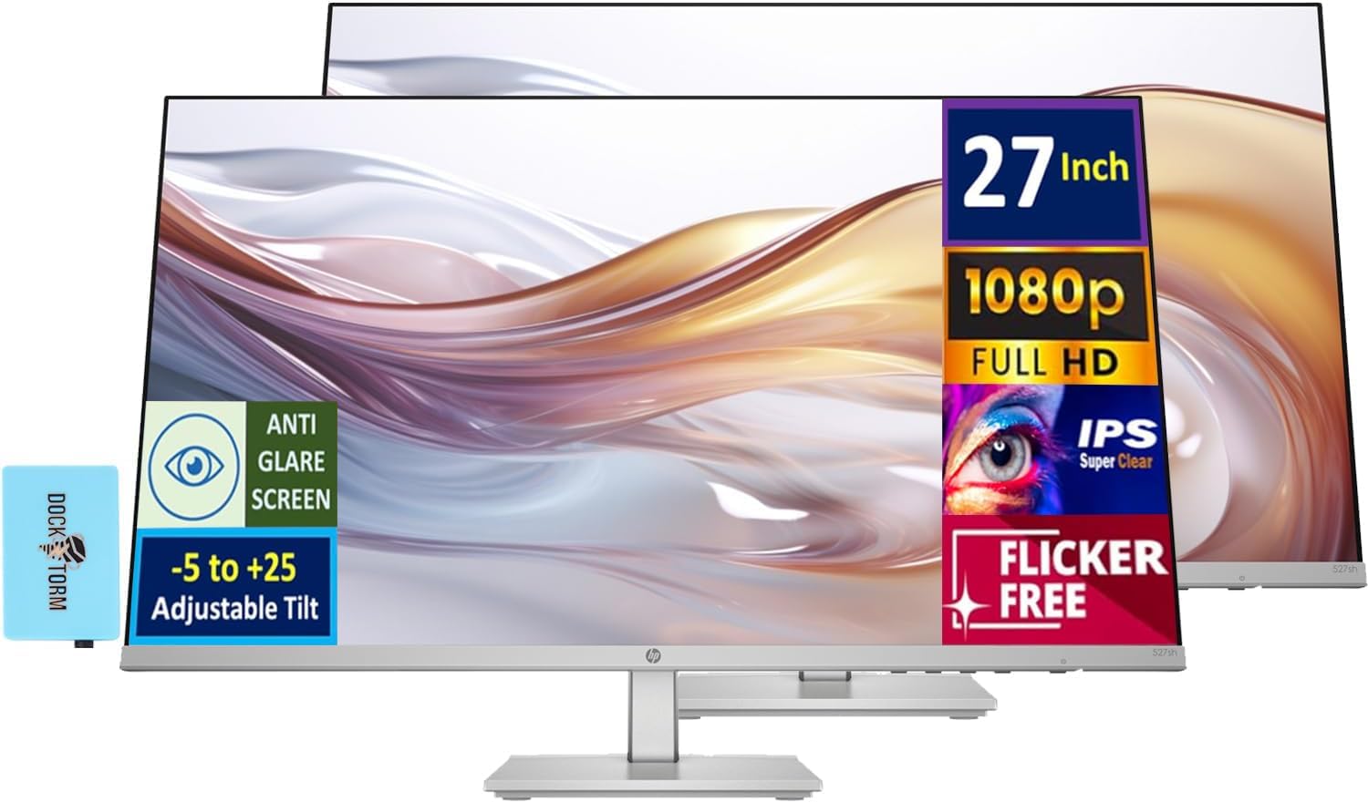 HP Series 5 527sh Monitor (Replaces M27h) 27 100Hz IPS FHD (1920x1080) 99% sRGB Display  Adjustable Height & Tilt  Flicker Free  Anti-Glare  Black/Silver w/DKZ USB Port Expander (2 Pack)