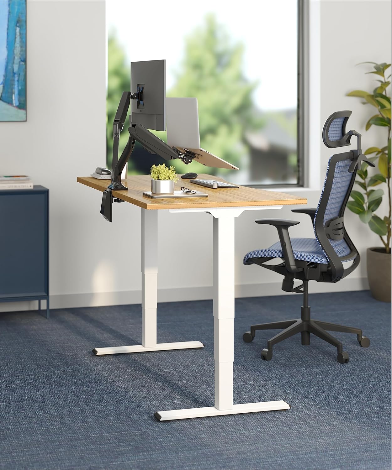 FlexiSpot E6 Bamboo 3-Stage Dual Motor Electric Standing Desk 55 x 28 Sit Stand Up Desk, Holds 220 lbs, Adjustable Height w/ Memory Presets, Solid Bamboo Desktop & White Frame, Ships in 2 Boxes