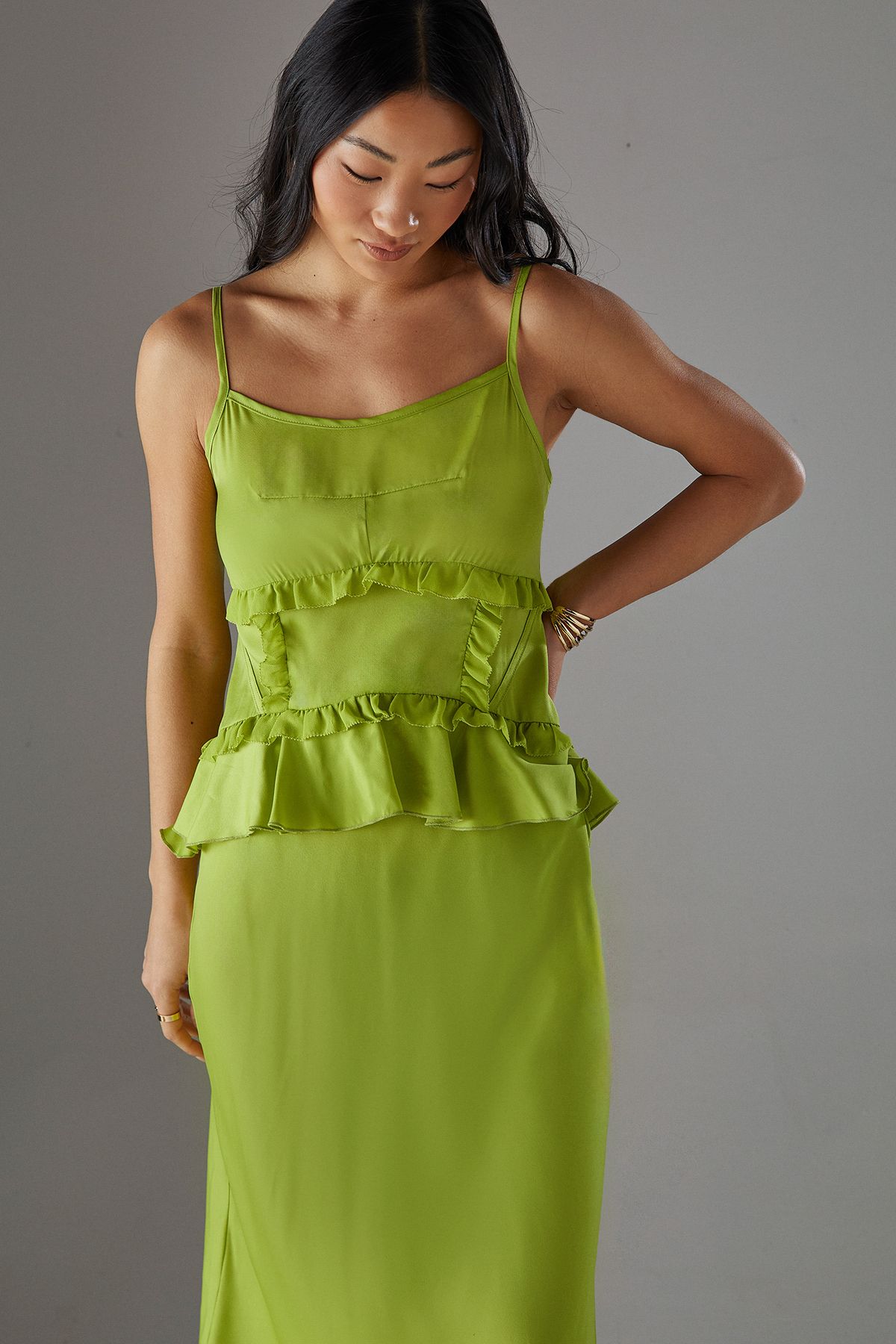 Warehouse Petite Satin Strappy Seam Detail Peplum Midi Dress