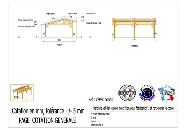 Carport 2 pentes faitage décalé, 500cmx500cm, bois DOUGLAS Français(Charpente en bois-auvent-abri voiture)25 m².Garantie 10 ans