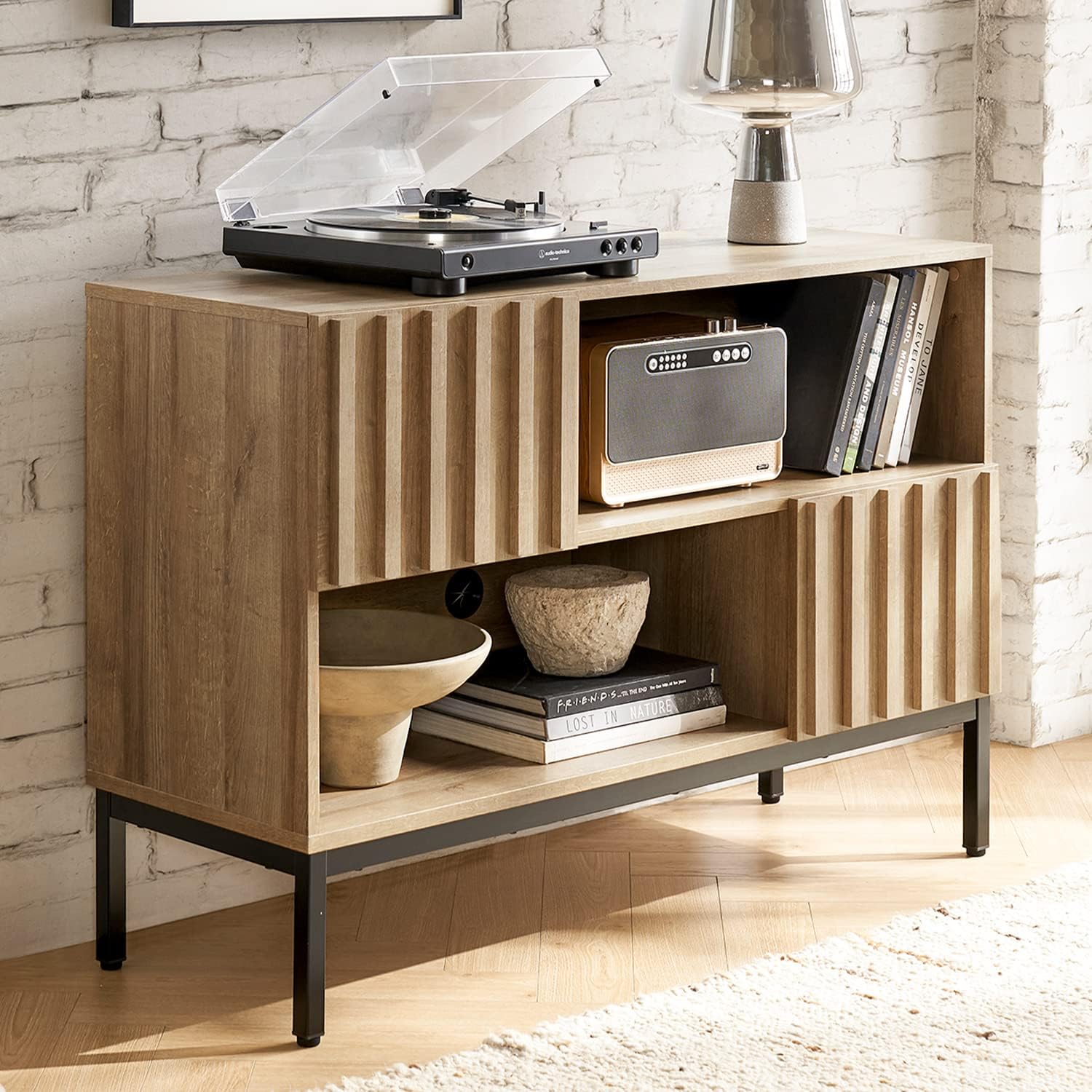 mopio Norwin Entryway Table, Sturdy Modern Rustic Industrial Farmhouse Sofa Table, Display Storage Shelf, Accent Cabinet, Oak Wood TV Stand, Entertainment Center, Media Console, Living Room (Single)