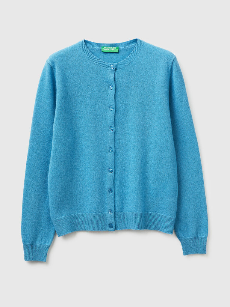 Powder blue crew neck cardigan in pure Merino wool