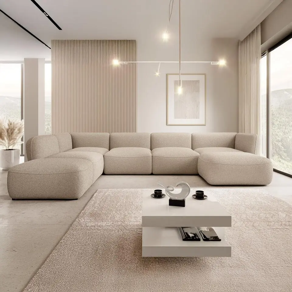 Meubella - Hoekbank Caesar - Taupe - Teddy Boucle stof - Links