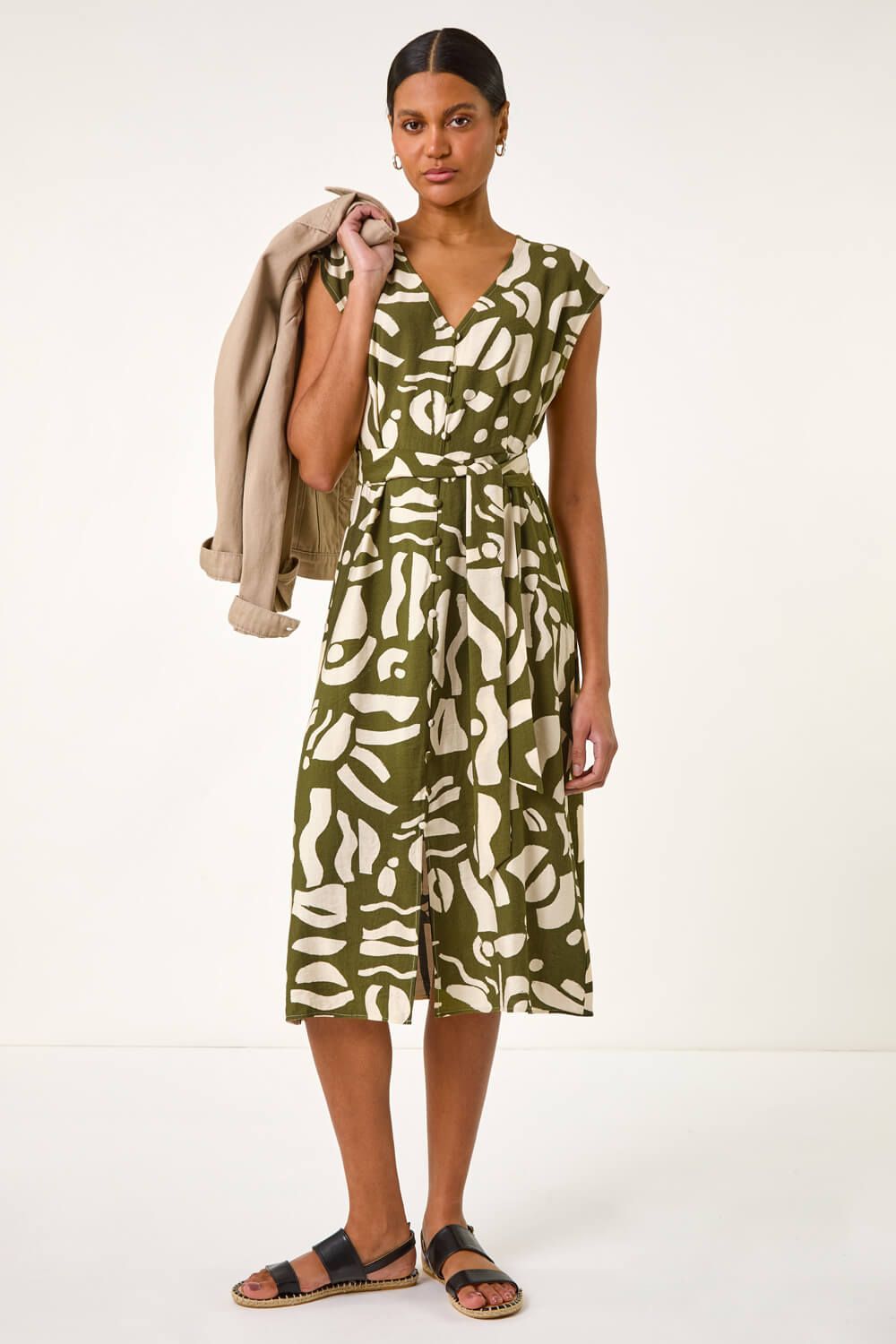 Roman Geometric Buttoned Midi Dress