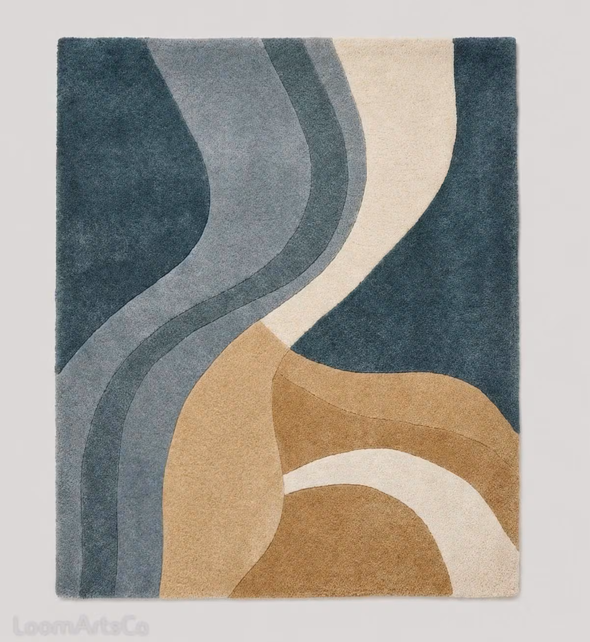 Hand Tufted Abstract Wave Rug, Teal Blue Wool Blend, Contemporary Living Room Decor