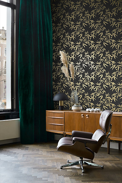 Origin Wallcoverings papier peint feuilles de bambou noir et or 53 cm x 10.05 m