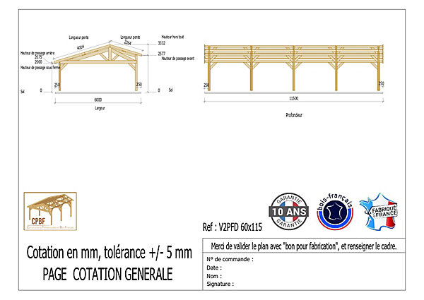 Carport 2 pentes faitage décalé 600cmx1150cm, bois DOUGLAS Français (Charpente en bois-auvent-abri voiture)69 M².Garantie 10 ans