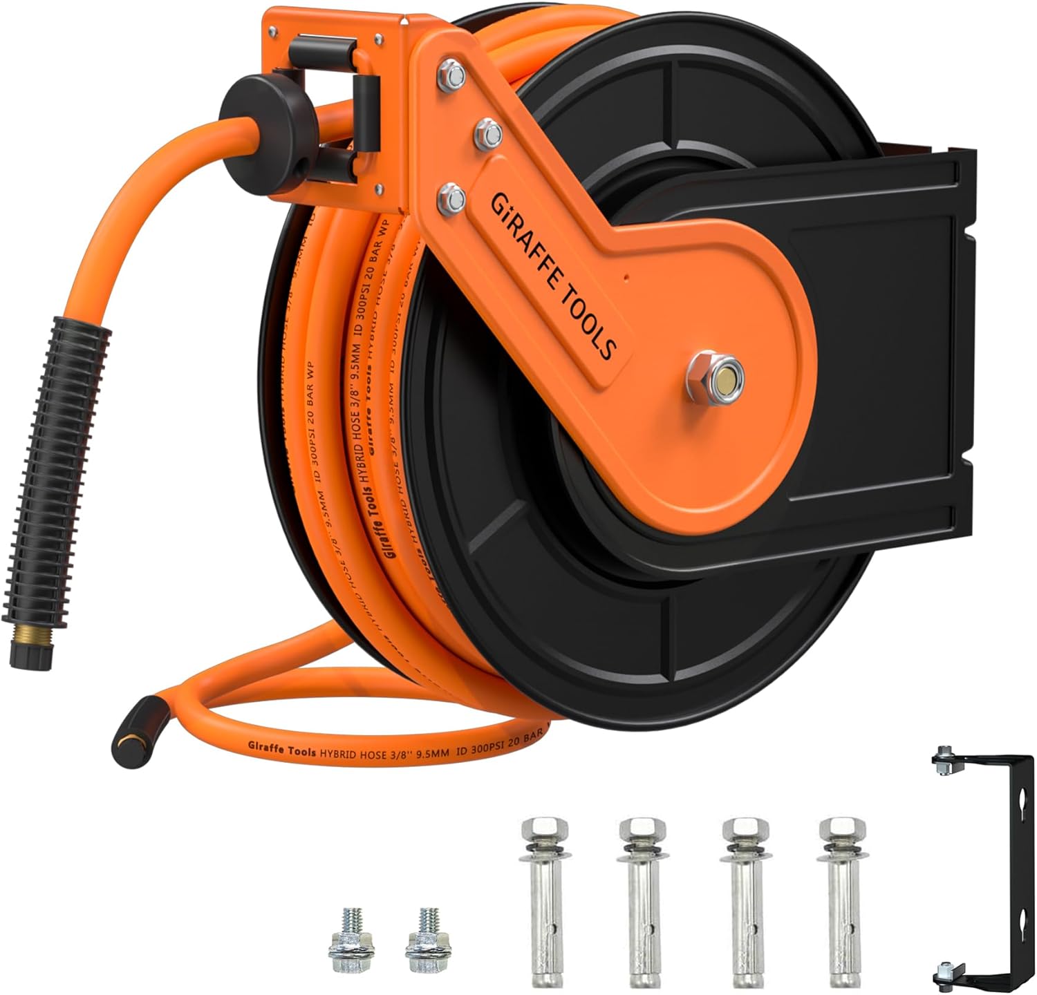 Giraffe Tools Retractable Air Hose Reel, 3/8 Hybrid Hose, Air Compressor Heavy Duty Steel Reel Auto Rewind 300PSI, Wall Mount with Swivel Bracket, 50ft