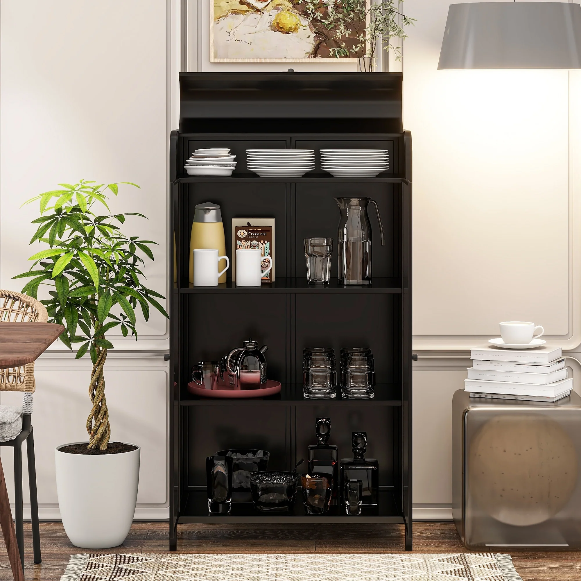 47.6 Tall Metal Storage Cabinet with Glass Doors & Flip-Top, 4-Tier Display Cabinet with Open Shelves