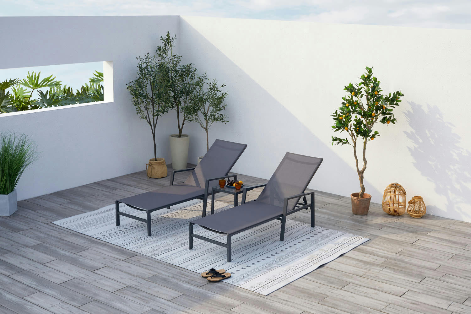 BARI - Lot de 2 transats et une table d'appoint gris