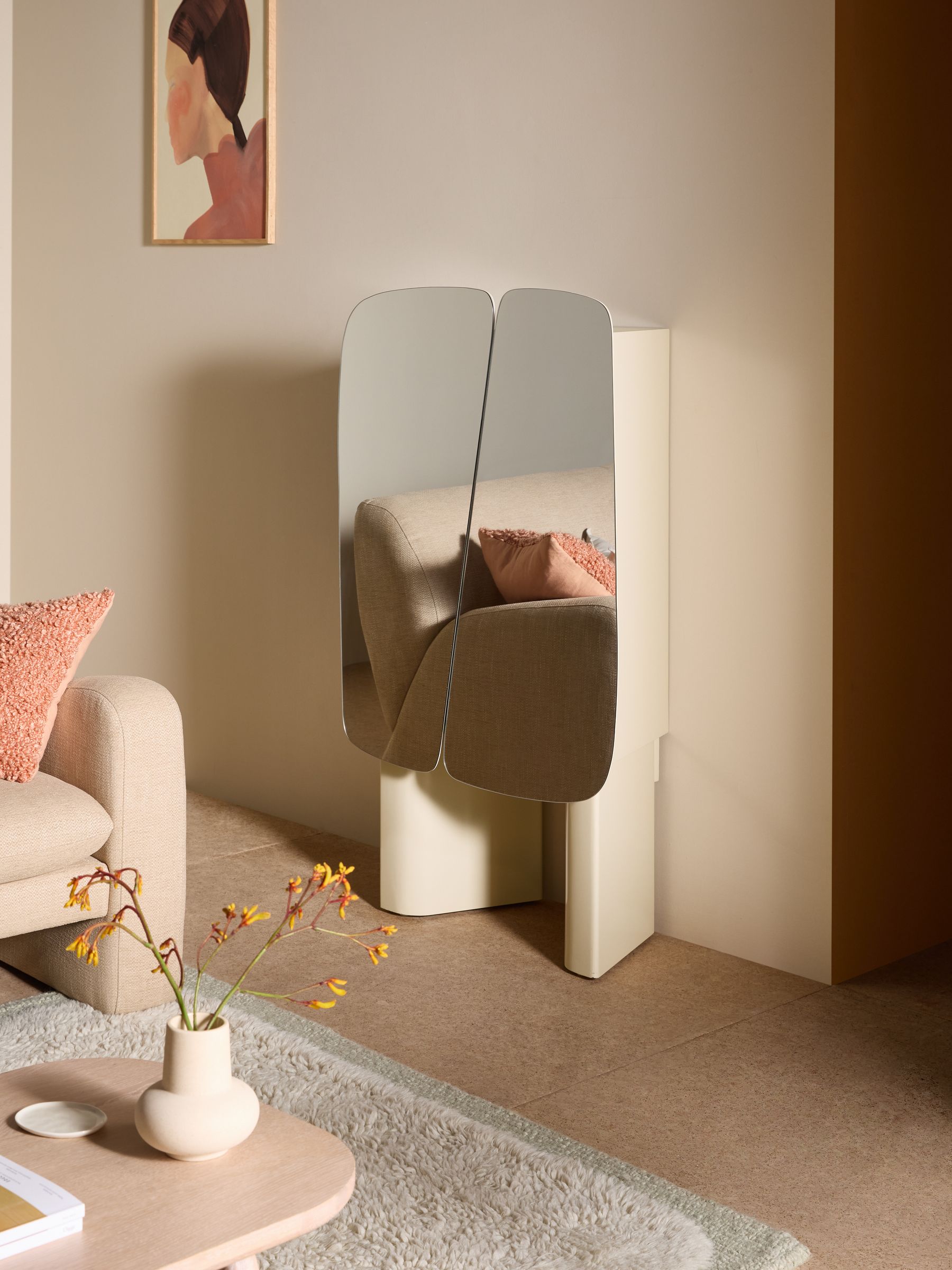 Mariella Highboard in Natural Ecru and Mirror