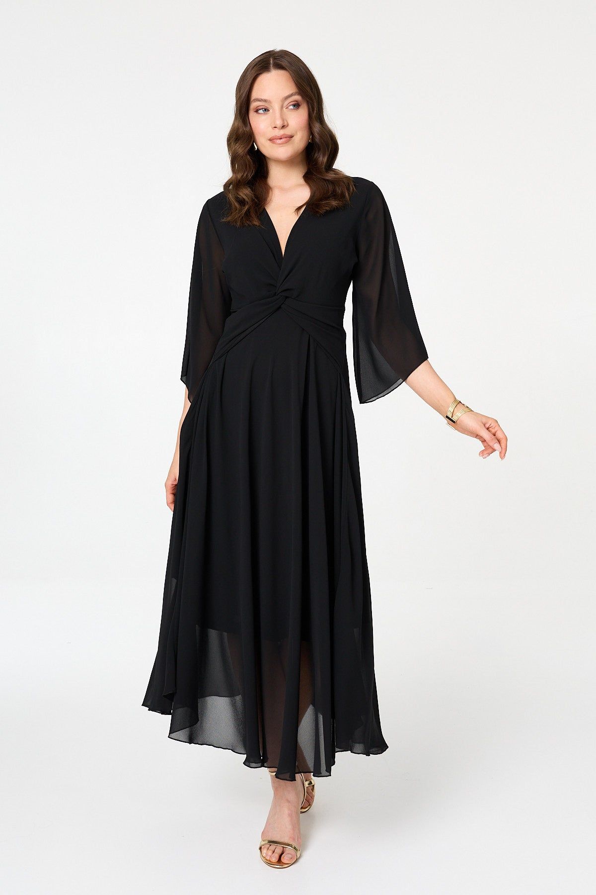 Izabel London Twist Front Layer 3/4 Sleeve Maxi Dress