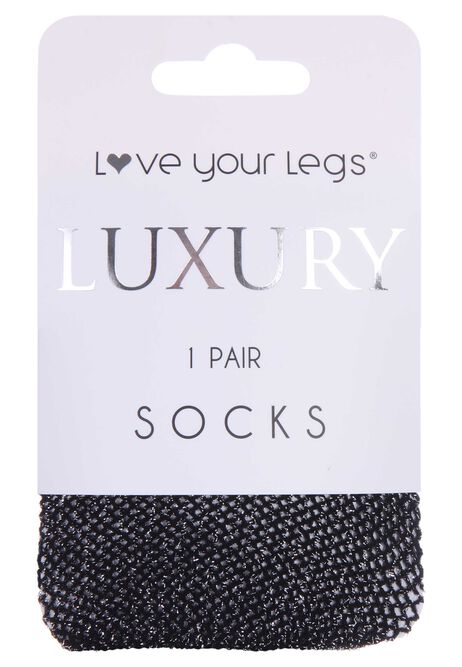 Womens 1pk Black Glitter Fishnet Fashion Socks