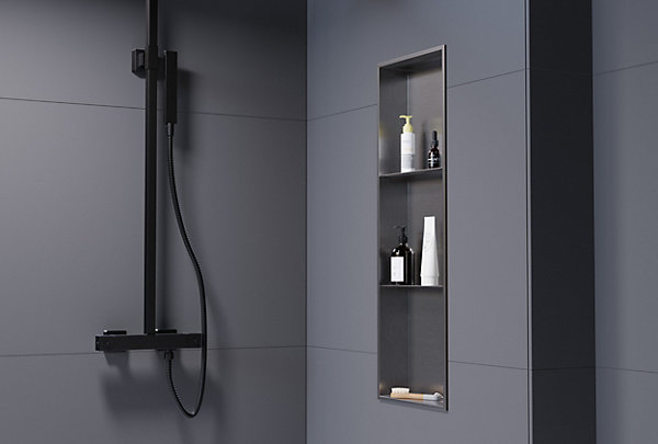 Niche murale de douche avec rebords, étagère encastrable douche acier inox avec compartiments - 90x30x10cm - NT309010X Gun métal