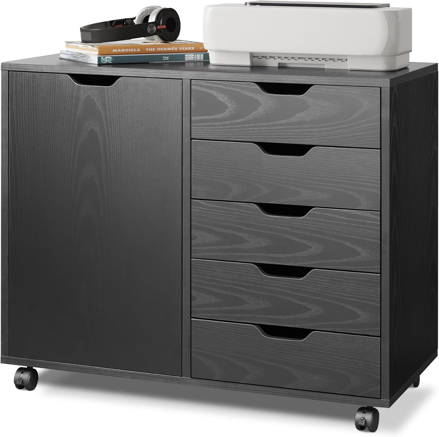 DEVAISE Mobile File Cabinet, 5-Drawer Wood Storage Chest with Door, Printer Stand for Home Office, Black