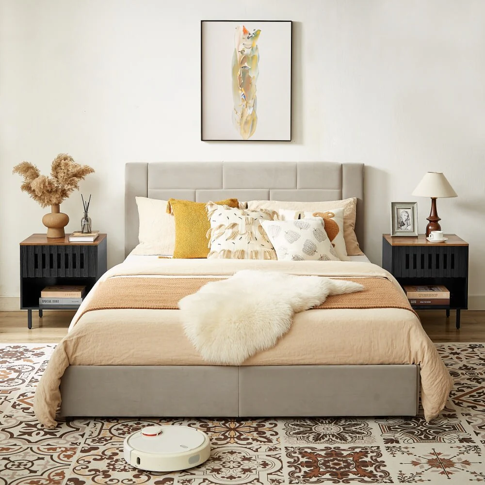 2 Set Nightstands With Grille Striped Doors