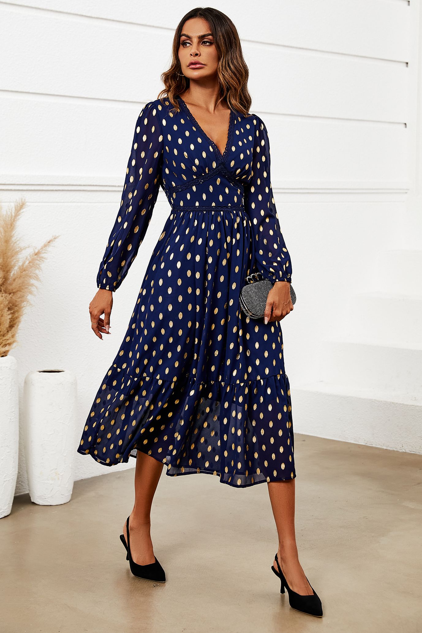 FS Collection Gold Foil Lace Trim Long Sleeve Midi Dress