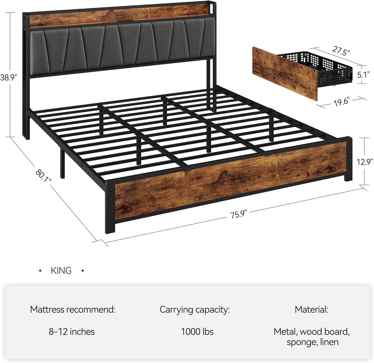 GarveeHome King Size Bed Frame with 4 Storage Drawers, Upholstered Storage Charging Headboard, Heavy Duty Metal Platform Bed Frame, Noise Free, No Box Spring Needed, Rustic Brown