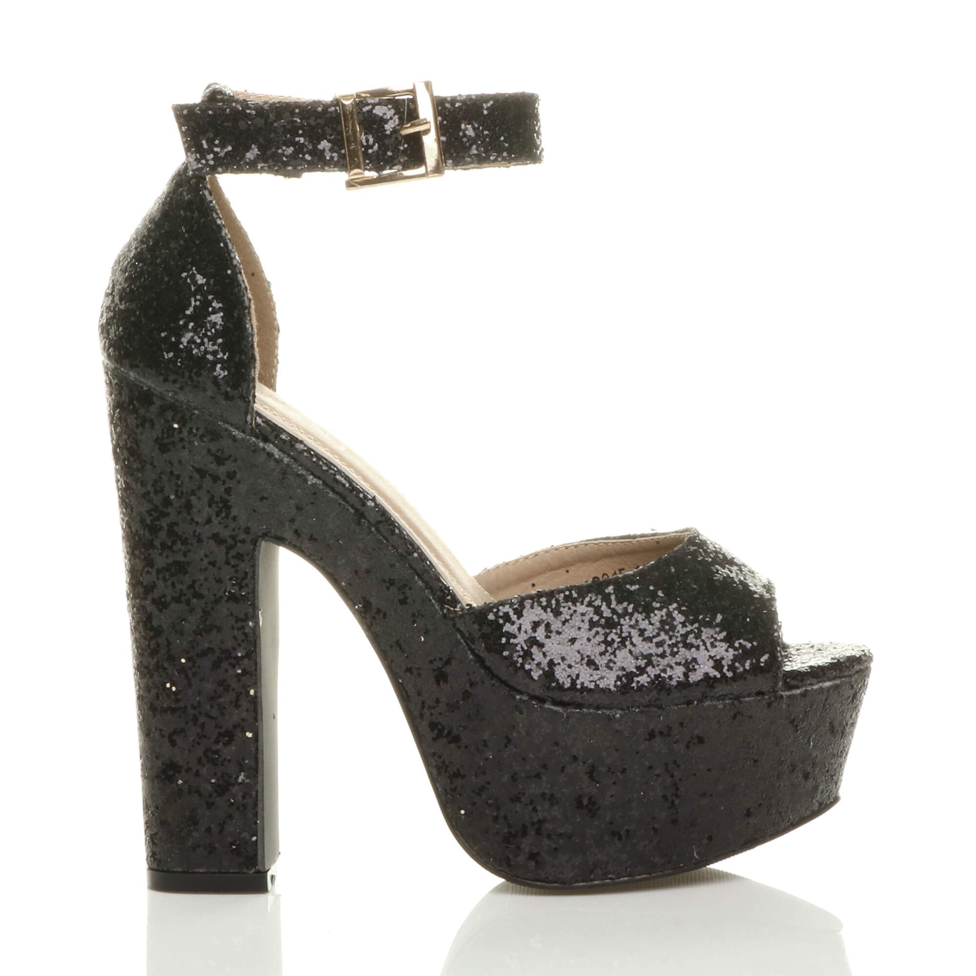 AJVANI High Block Heel Ankle Strap Peep Toe Glitter 2 Part Heels