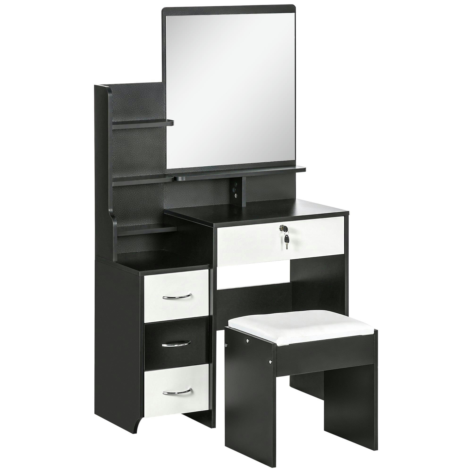 - Ensemble coiffeuse tabouret 4 tiroirs 4 étagères miroir noir blanc