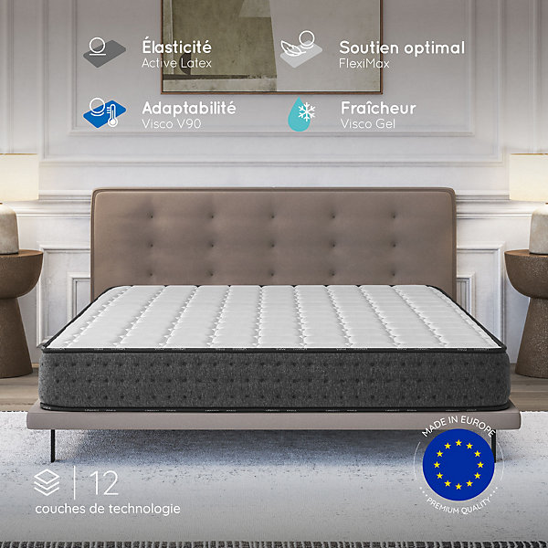Matelas 140x190   2 Oreillers 60x60 Offerts - épais 21 cm - Mousse - Blue Latex - 7 zones de soutien - Réversible - Equinox