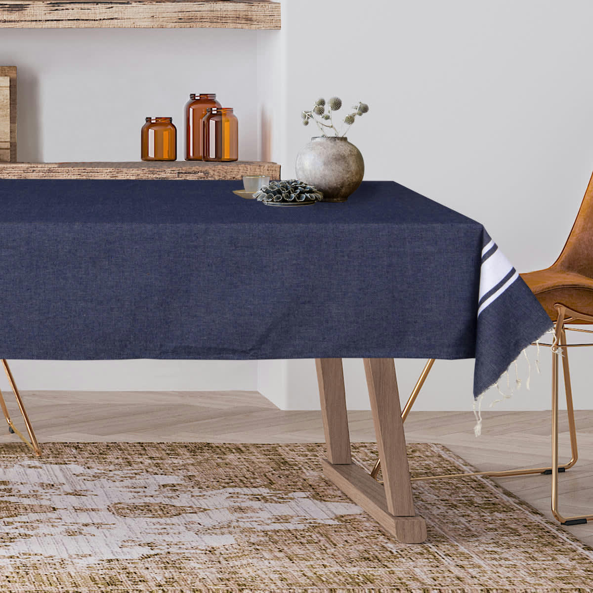 ST TROPEZ - Nappe rectangulaire coton  150x250 bleu jean
