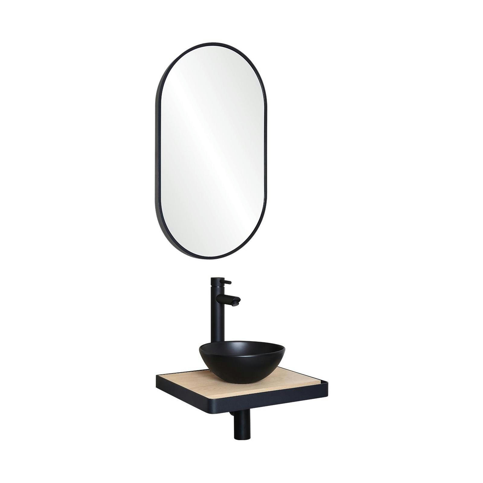 SOHO - Meuble lave-mains  plan fin p-serviette face vasque noire + miroir