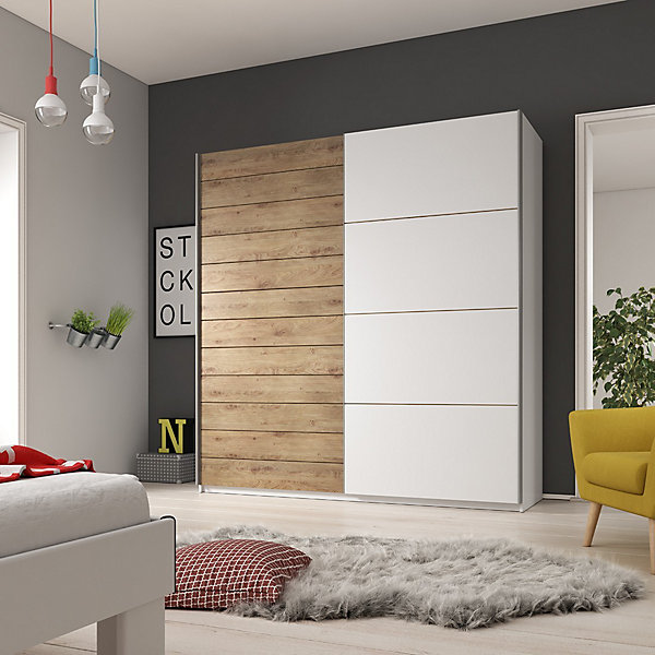 Armoire 2 portes coulissantes 220cm couleur chene et blanc. Collection FLOYD