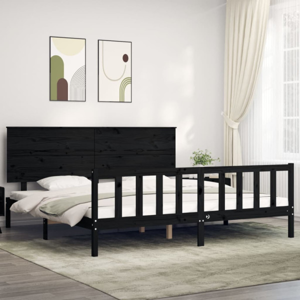 Rama łóżka z wezgłowiem czarna 200x200 cm lite drewno