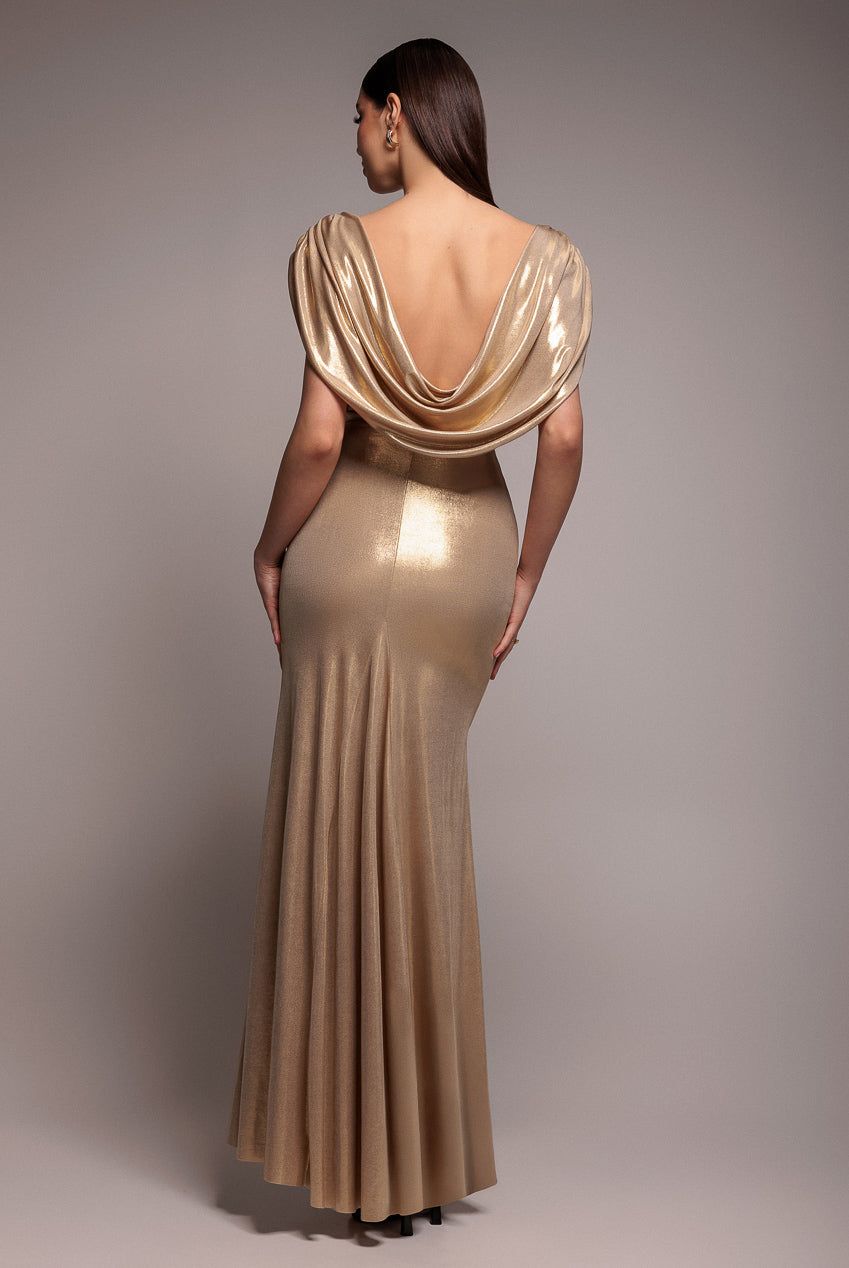 Goddiva Cowl Plunge Draped Foil Maxi Dress