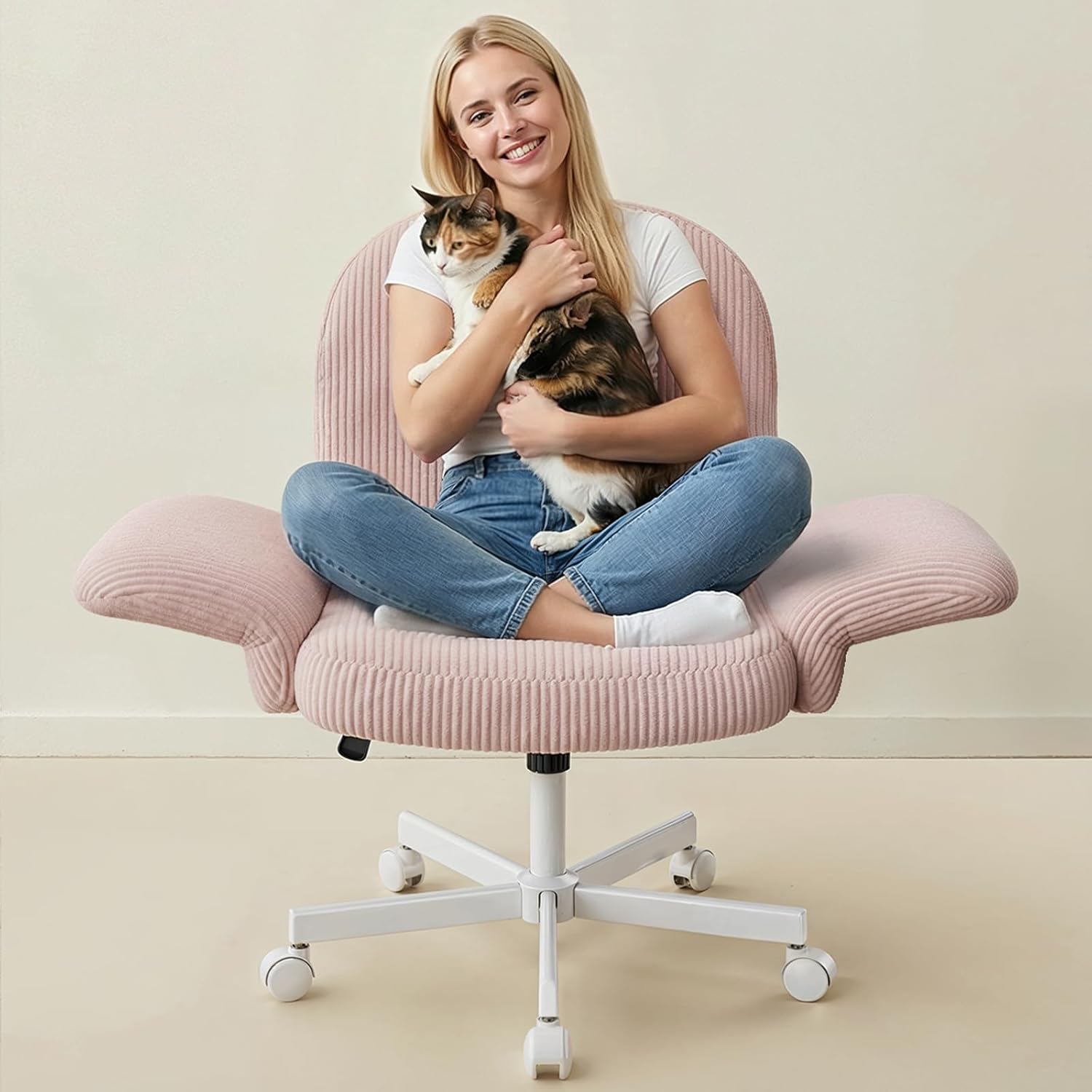 HUANUO Vanity Chair with 6-Position Adjustable Armrests, Criss Cross Chair with Wide Cushion, Soft Corduroy Fabric, 90°-105° Recline, Pet-Friendly, Perfect for Makeup Bedroom, Home Office, Pink