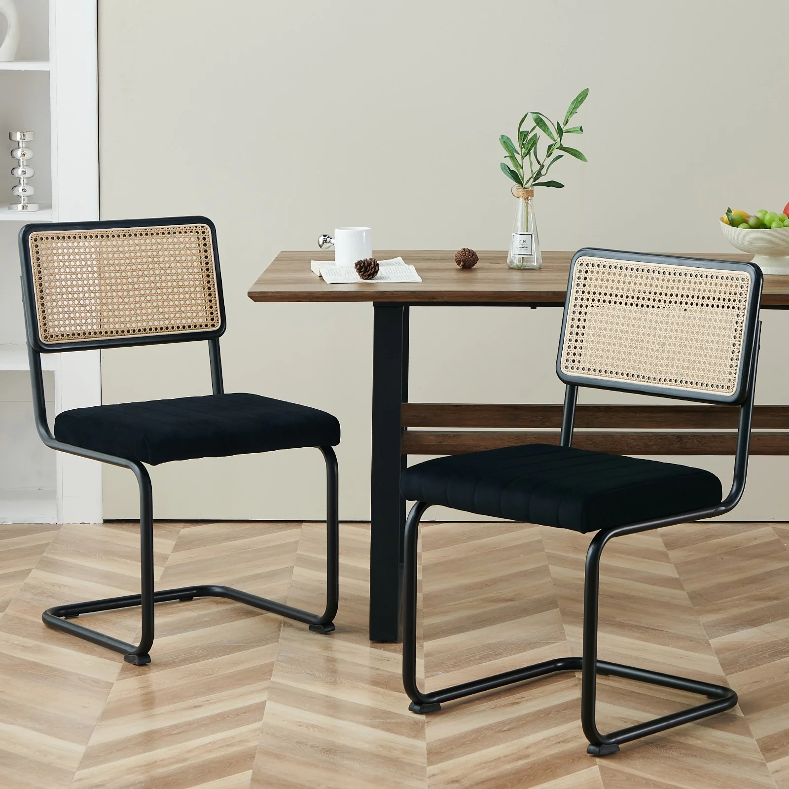 Velvet Upholstered Rattan Dining Chairs Set of 2/4
