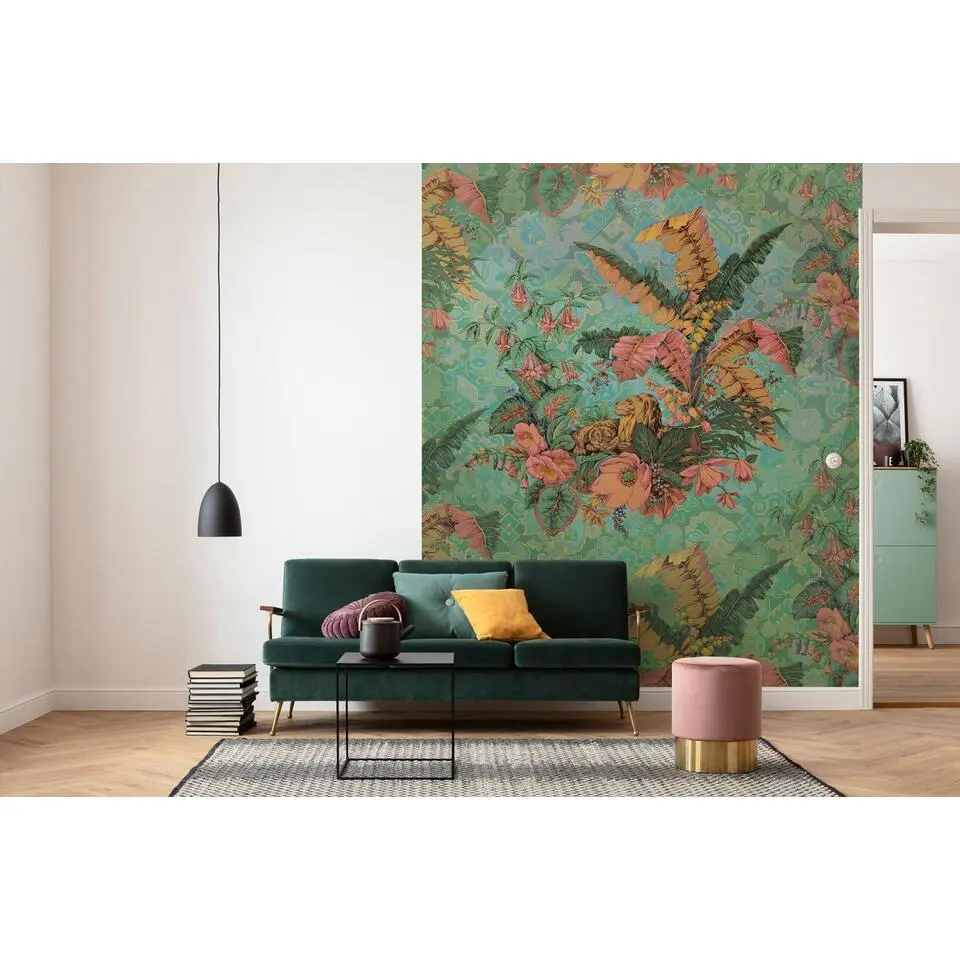 Sanders & Sanders fotobehang bladeren groen en roze - 200 x 270 cm
