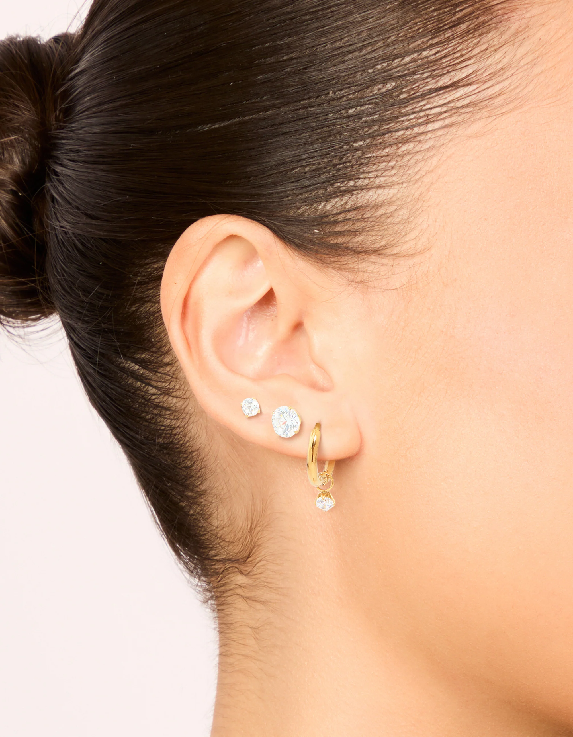 Waterproof Gold Plated Stainless Steel Cubic Zirconia Huggie & Stud Earrings 3-Pack