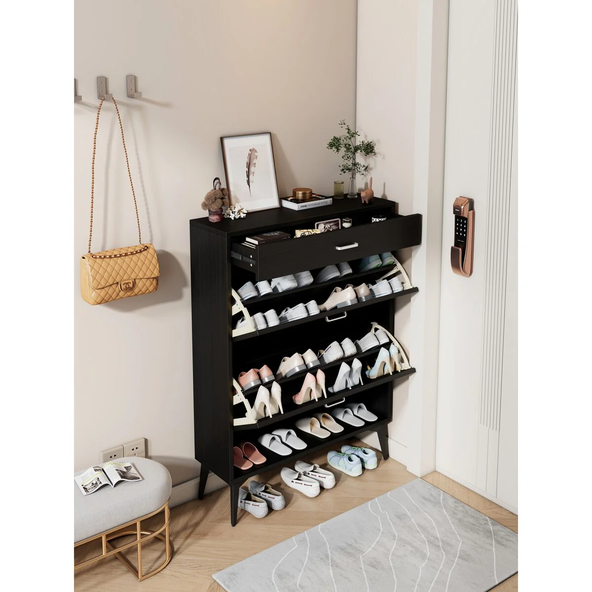 Contemporary Shoe Cabinet with 2-Flip Drawers, 2-Tier Shoe Storage Organizer with Drawers, Free Standing Shoe Rack for Entrance