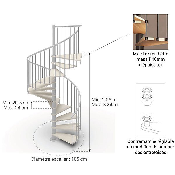 Escalier colimaçon 10 marches - Hauteur à franchir de 2.05 à 2.40m - Diamètre 1.05m - Structure blanche et marche blanchi -