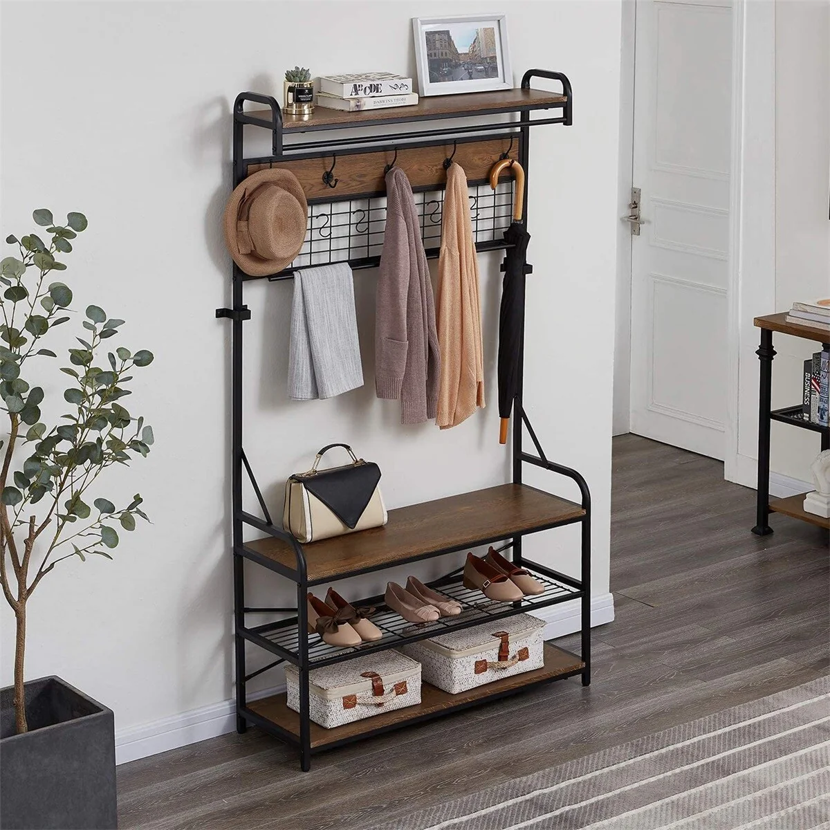 Merax 5-In-1 Entryway Hall Tree with Shoe Bench, Coat Rack with 11 Hooks and 2 Hanging Rods