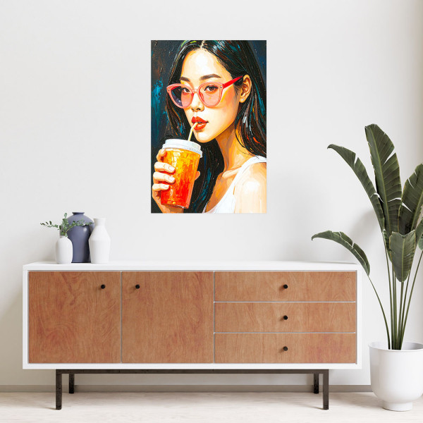 Naklejka samoprzylepna Feeby Dziewczyna w okularach pijąca Kawę 20x30