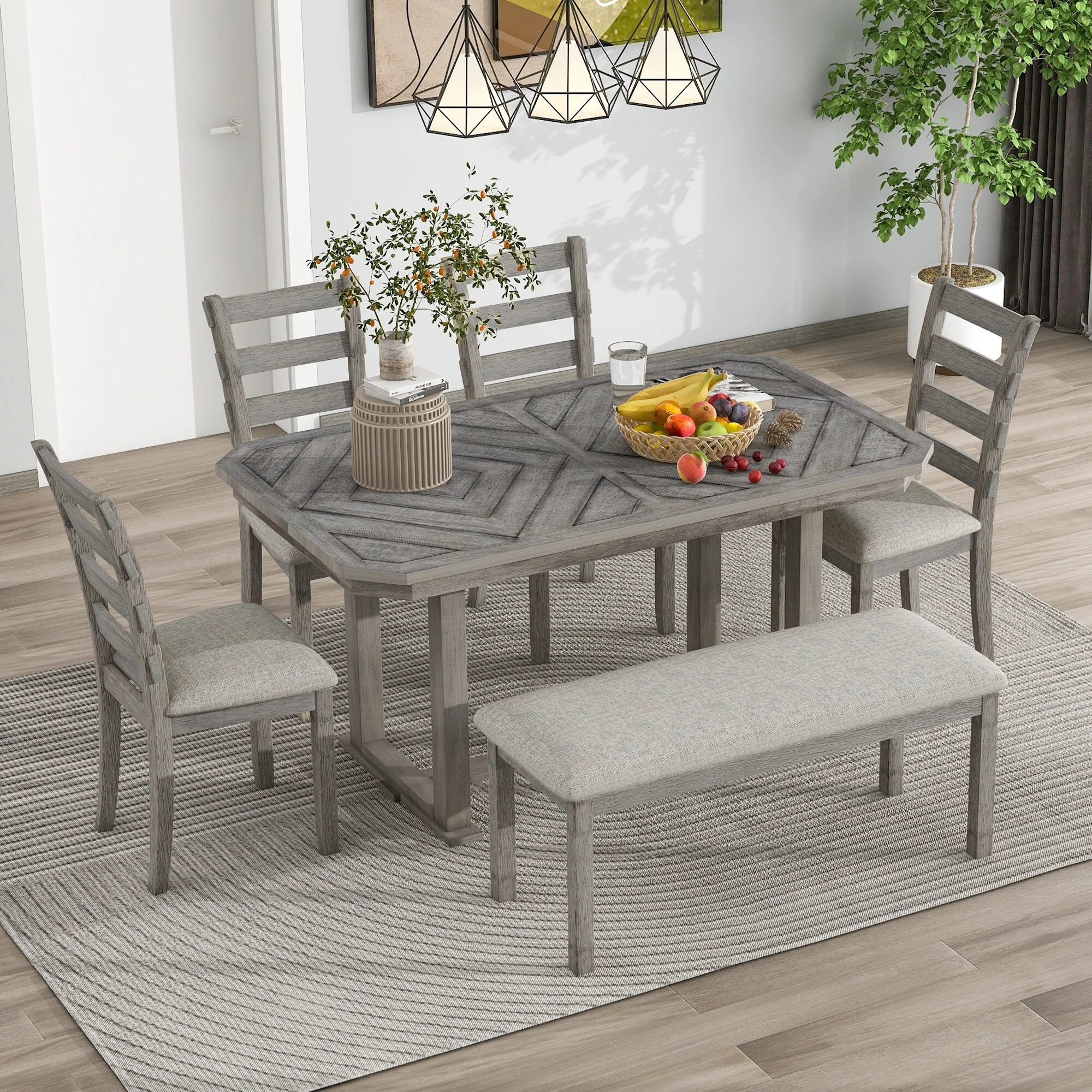 6-Piece Wooden Dining Table Set with Geometric Pattern Tabletop & 4 Chairs