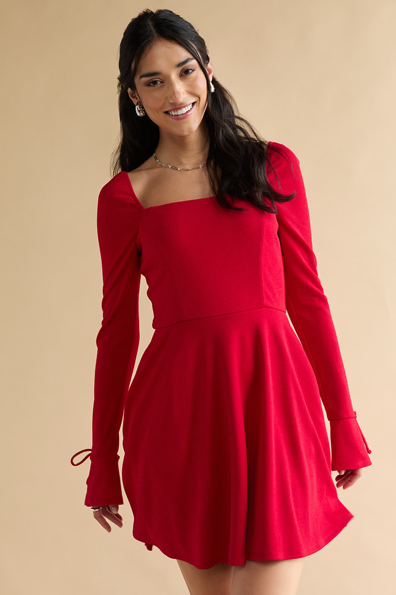Rene Long Sleeve Waisted Mini Dress Red