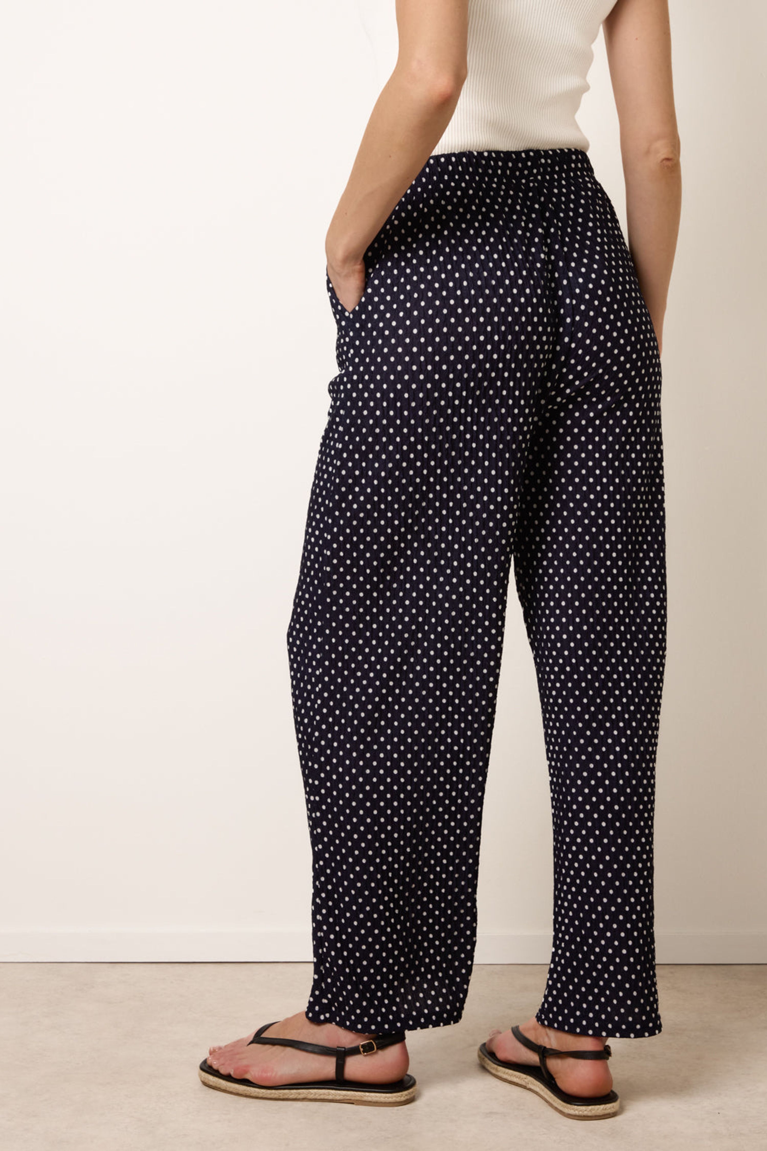 Blue Vanilla Navy Spot Print Crinkle Wide Leg Trousers