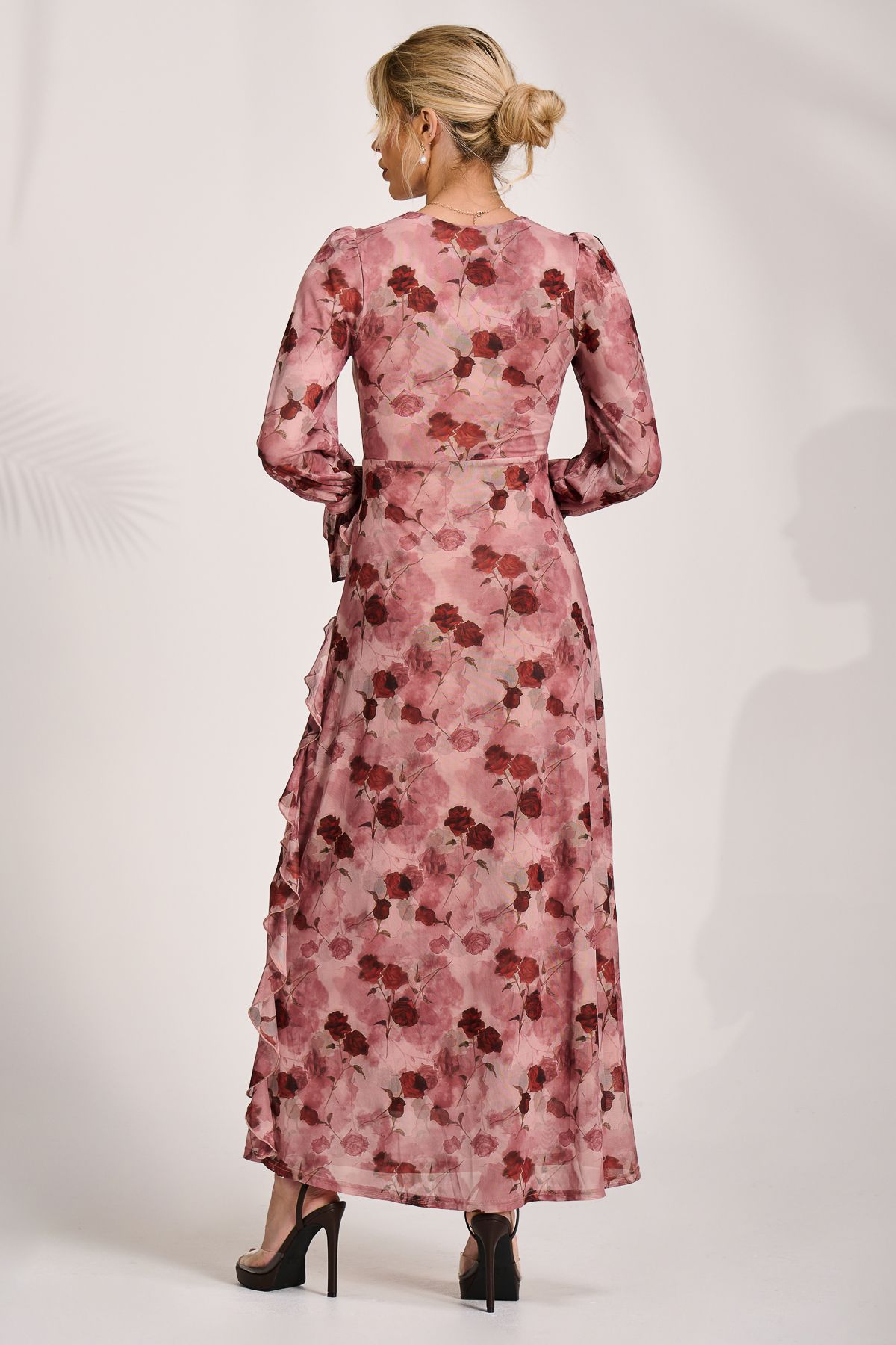 Jolie Moi Long Sleeve Ruffle Mesh Maxi Dress