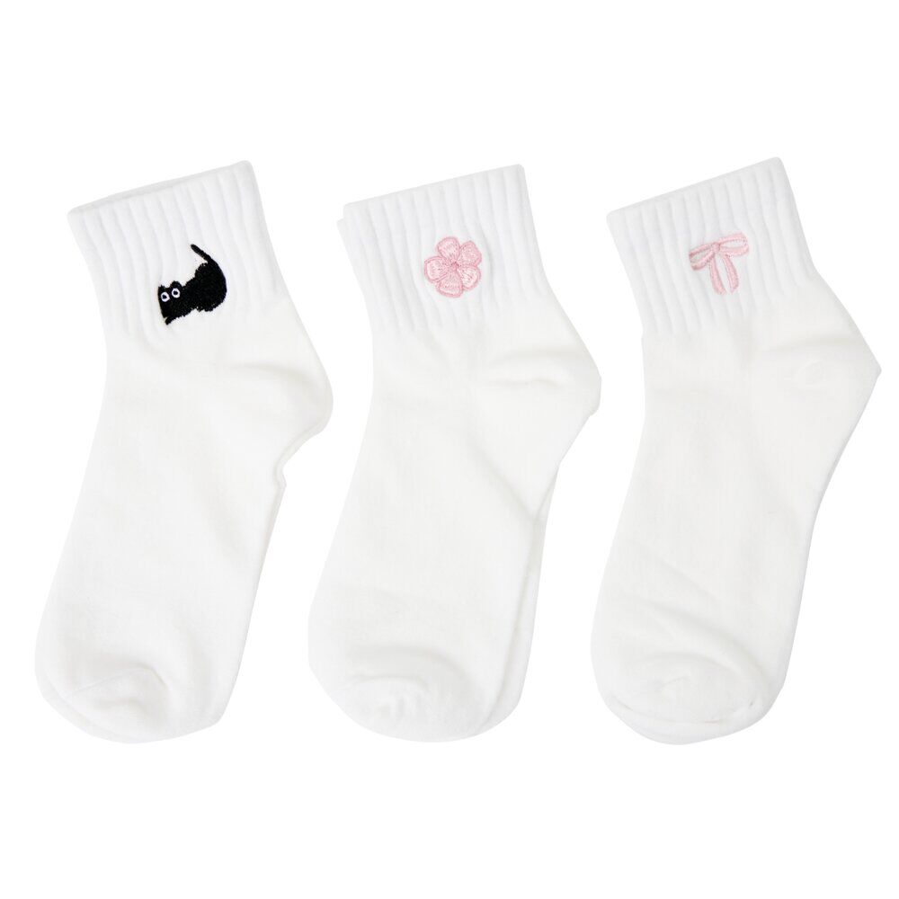 Chaussettes femme x3 tige basse coton blanc avec broderie noire et rose 36/40